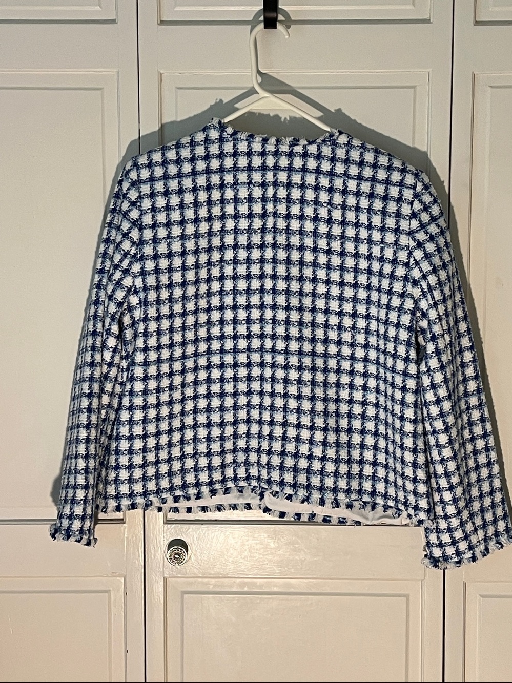Ann Taylor Blue and White Tweed Collarless Jacket - Picture 2 of 3